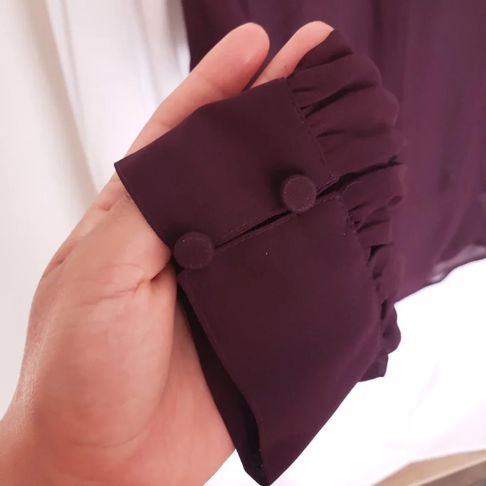 Express Women Purple Button V Neck Long Sleeve Sheer Lightweight Blouse Size S - Picture 10 of 15